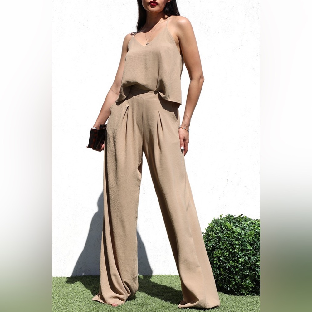 767. Cami Layered Woven Top and Pant Set in Taupe